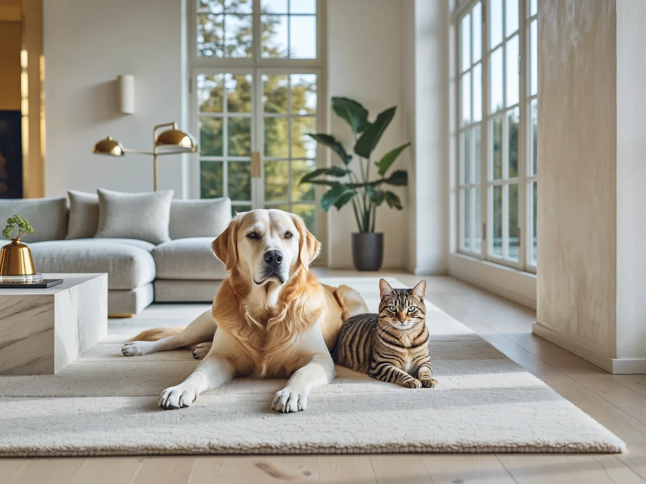 Hund und Katze ruhen gemeinsam in einem hellen Wohnzimmer am Morgen.