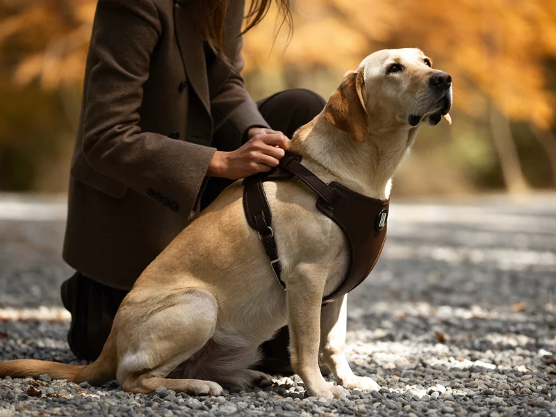 Person richtet auf einem Kiesweg im Herbst das Geschirr eines Labradors.